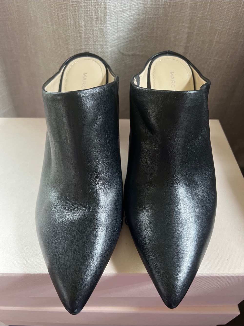Marc Fisher Black Leather Pointed Mule Boots.